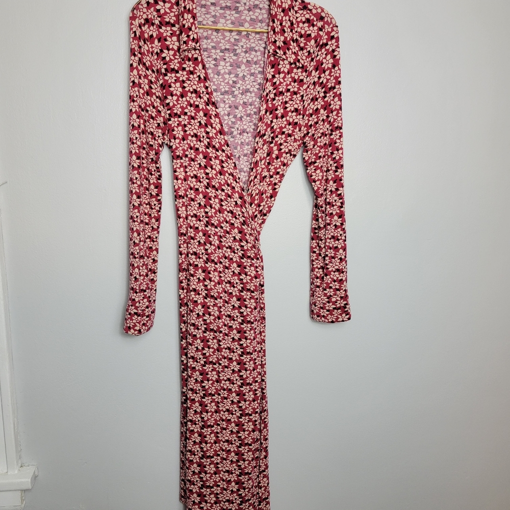 14 Boden Floral Red Wrap Dress Midi Length